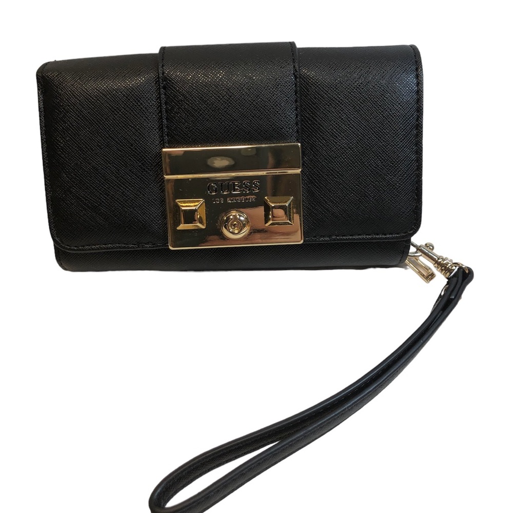 GUESS BLACK LEATHERETTE ,Gold Tone Hardware Wallet ,Clutch 7in